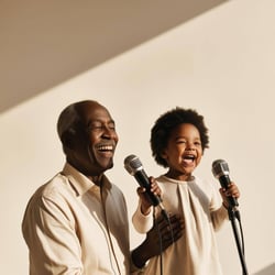 peux-tu me générer une image où lon voit un grand-père et son petit-enfant chanter ensemble avec des micros _ Ils ont lair heureux de partager un moment ensemble. il faut que ce moment ai lair naturel.