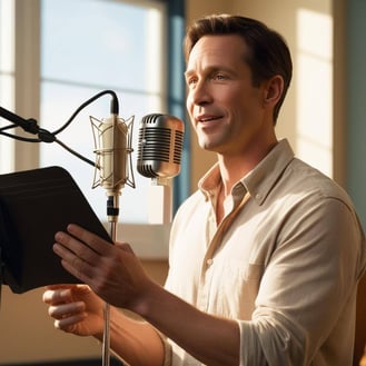 peux-tu me générer une image où lon voit un homme apprendre à chanter avec un micro _
